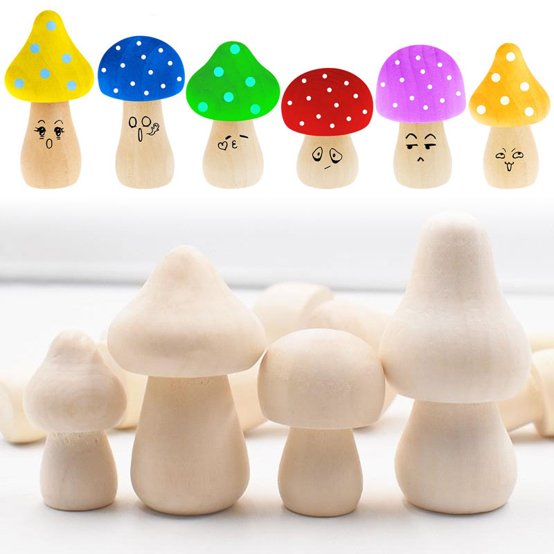 Art And Craft With Paint - 5PCS Mini Unfinished Wooden Mushroom Natural